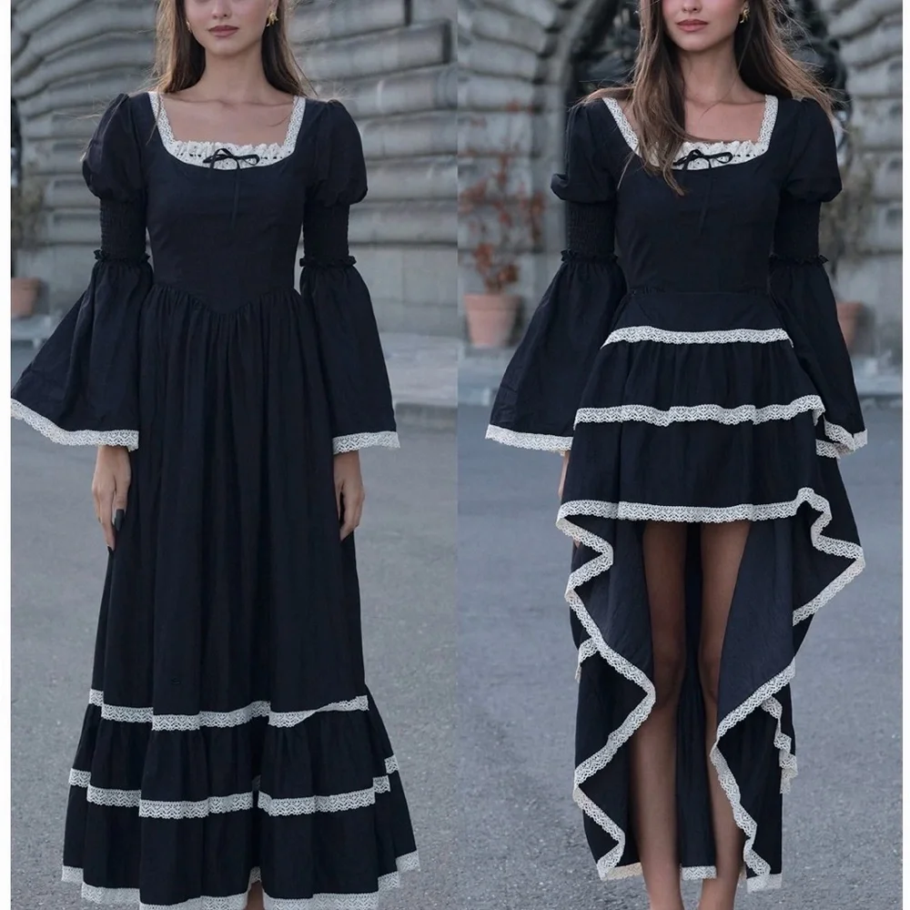 Lace Made Black Lace-Trim Maxi Dress with Bell Sleeves - Picture 3 of 3